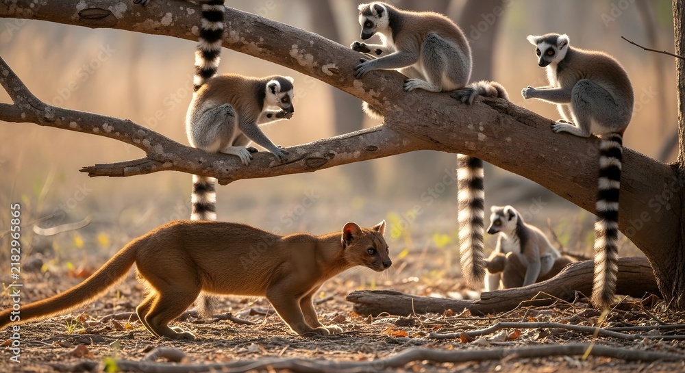 Obraz premium Fossa predator stalking ring-tailed lemurs in the wild Madagascar forest habitat
