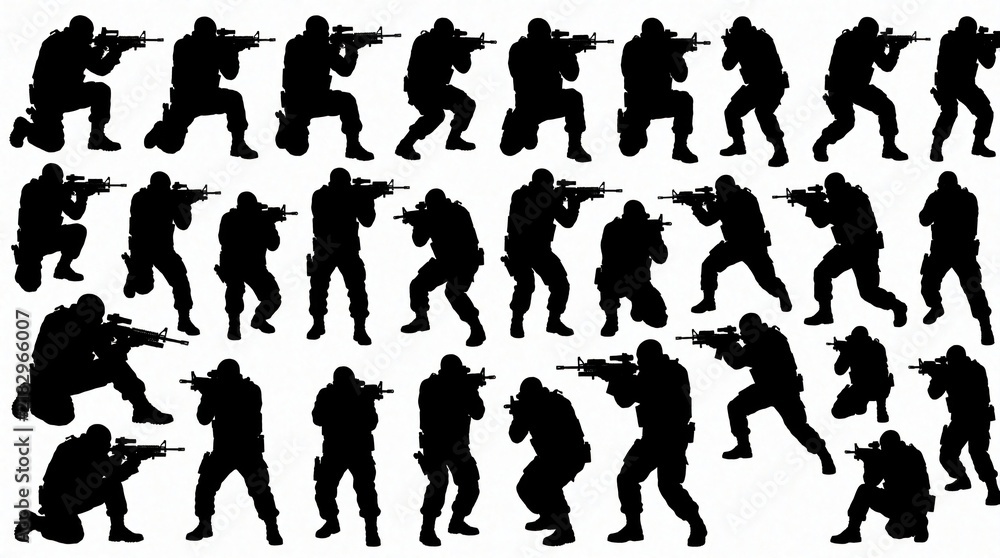 Obraz premium Black silhouettes of soldiers in various tactical combat poses. Armed infantrymen hold rifles in different shooting stances, military movement positions. Group of warriors prepared for battle special
