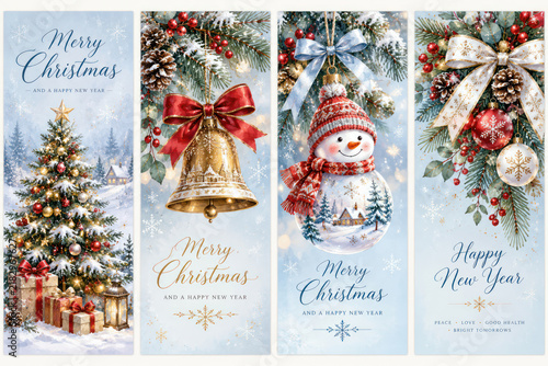 Christmas Greeting Card Set with Tree, Bell, Snowman and Holiday Ornaments