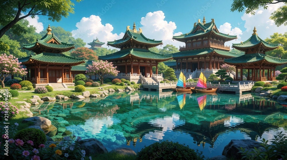 Fototapeta premium Asian pavilions with green pagoda roofs sit by clear pond reflecting tranquil garden landscape. Small boats float on water in rich trees and blooming flowers, creating peaceful scenic beauty.
