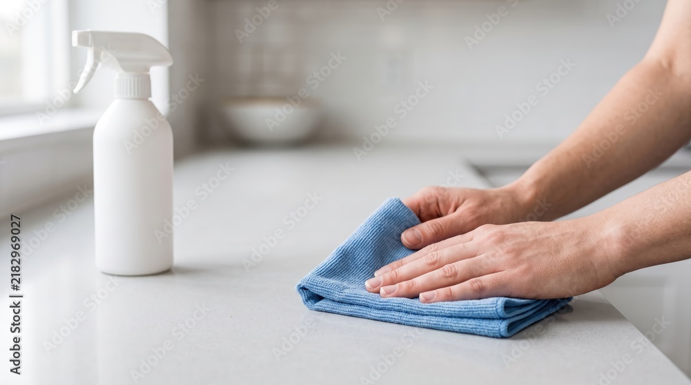 Fototapeta premium Close-up of hands sanitizing smooth kitchen counter