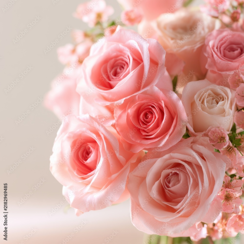 Fototapeta premium Elegant bouquet of soft pink and peach roses with delicate small blossoms creating a romantic and gentle floral arrangement for special occasions