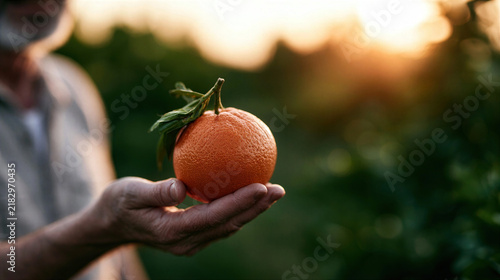 Plakat Warm sunlight in a green orchard, person proudly holding a freshly picked orange with green stem and leaves.