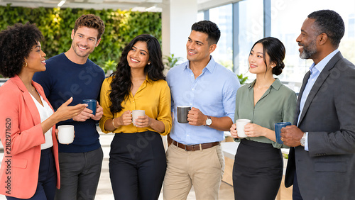 Six diverse colleagues in morning circle with coffee — coral blazer, navy sweater, positive energy, company culture