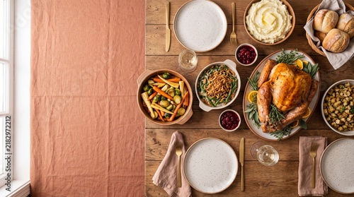 Thanksgiving dinner table setting, festive meal with roasted turkey and traditional side dishes, a celebration of autumn harvest