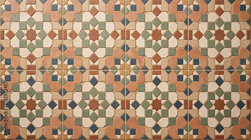 Geometric ceramic tiles feature vibrant multi colored patterns for wall interior design.