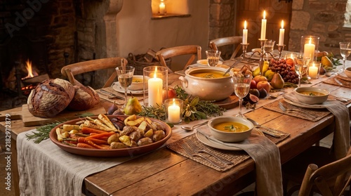 Rustic Thanksgiving dinner table set with roasted vegetables and candles by fireplace
