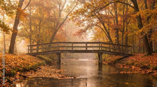 Wooden footbridge over a calm forest stream in a beautiful golden autumn landscape