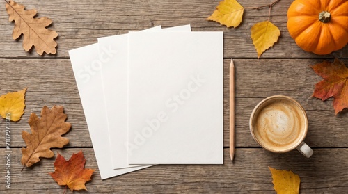 Blank white paper mockup with coffee and autumn leaves on rustic wooden table background