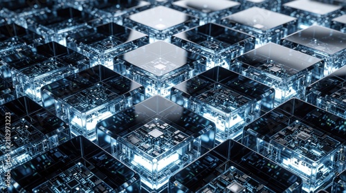 Obraz na płótnie Abstract network grid of glowing transparent cubes with circuits inside. Digital data blocks form a futuristic system. Data processing, information flow, tech progress and computer science.