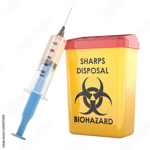 Canvastavla Sharps disposal container and syringe for medical waste safety and biohazard control