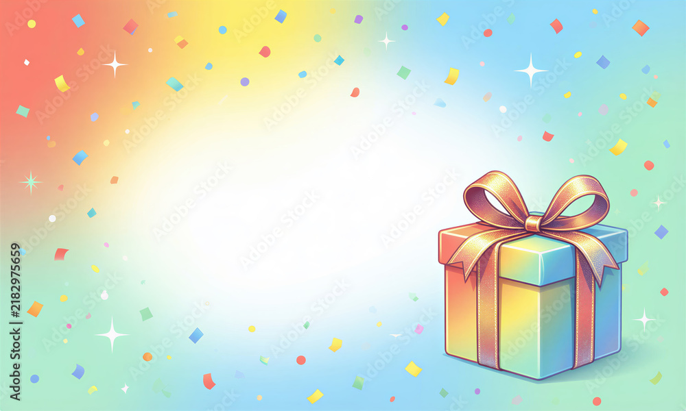 Fototapeta premium A colorful birthday gift box with a golden ribbon and bow sits on a rainbow background amidst confetti and star decorations.