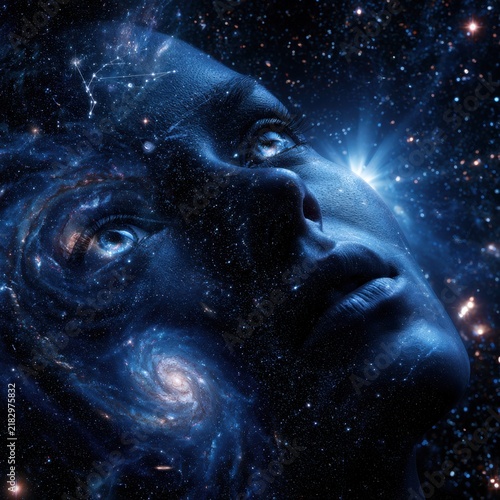 Surreal cosmic portrait of a contemplative face merging seamlessly with galaxies and stars under a mystical blue cosmic light in deep space background