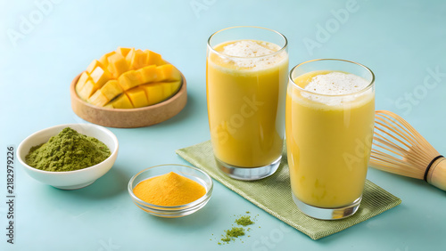 Professional Studio Product Shot of Mango Matcha Drinks with Fresh Ingredients