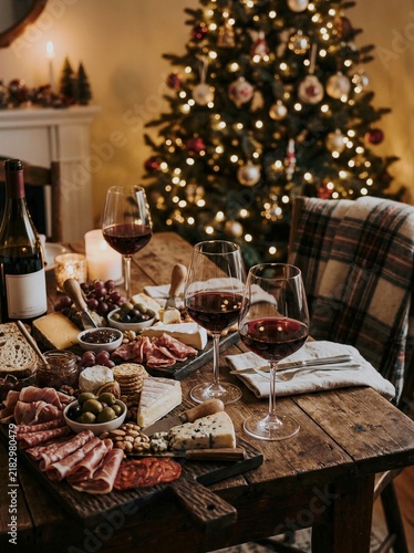 Gourmet charcuterie platter with cheese, grapes, and wine on a wooden table at Christmas dinner