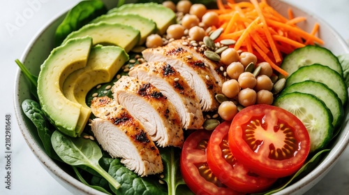 Vibrant bowl filled with fresh chicken salad ingredients. Slices of avocado sit near grilled white meat strips. Bowl holds lemon cucumber tomatoes chickpea and carrot shreds for healthy eating.
