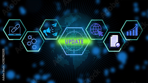 Foto A digital featuring a central glowing hexagon containing the word update, surrou