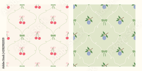 Coquette fruit and bow seamless pattern. Girly summer spring print for fabric, wrapping paper, decor, wallpaper.