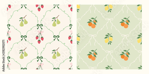 Coquette fruit and bow seamless pattern. Girly summer spring print for fabric, wrapping paper, decor, wallpaper.