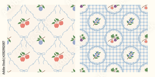 Coquette fruit and bow seamless pattern. Girly summer spring print for fabric, wrapping paper, decor, wallpaper.
