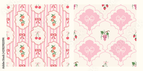 Coquette fruit and bow seamless pattern. Girly summer spring print for fabric, wrapping paper, decor, wallpaper.
