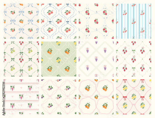Coquette fruit and bow seamless pattern. Girly summer spring print for fabric, wrapping paper, decor, wallpaper.