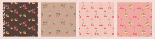 Coquette fruit and bow seamless pattern. Girly summer spring print for fabric, wrapping paper, decor, wallpaper.