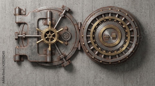 Open heavy metal circular vault door with brass gears and wheel on concrete wall with steering wheel mechanism against gray concrete engineering industrial protection mechanical strongbox steel