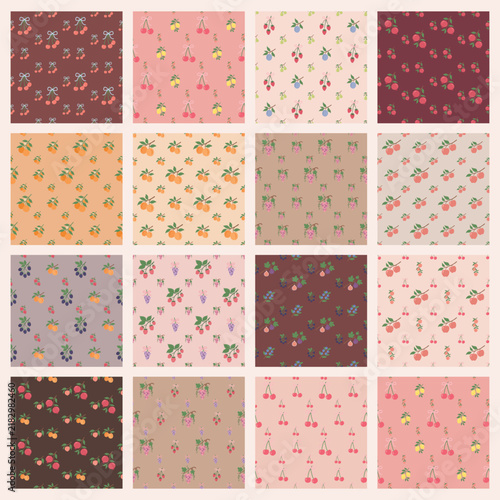 Coquette fruit and bow seamless pattern. Girly summer spring print for fabric, wrapping paper, decor, wallpaper.