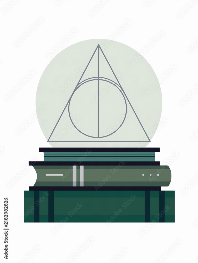 Fototapeta premium Minimalist flat illustration of stacked green hardcover books below a sacred geometry triangle, circle, and vertical line emblem. Ideal for esoteric symbolism.