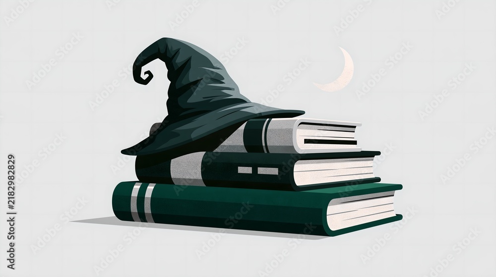 Obraz premium Modern flat illustration of stacked dark teal books with a pointed wizard hat beside a glowing crescent moon. Ideal for fantasy book covers, Halloween flyers.