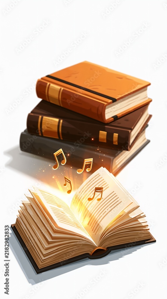 Fototapeta premium Realistic render of a brown leather book stack and an open book glowing golden with musical notes. Ideal for magical storytelling, fantasy music posters.