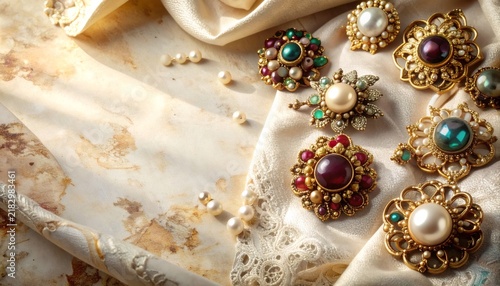 Vintage brooches with pearls and gemstones on silk