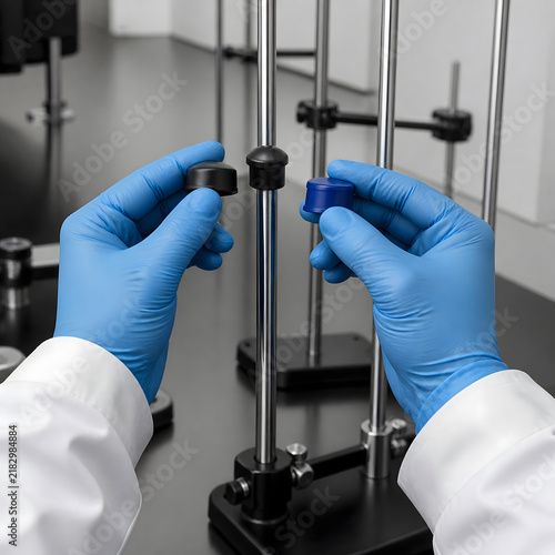 Obraz na płótnie Gloved hands comparing reusable laboratory retort rod caps