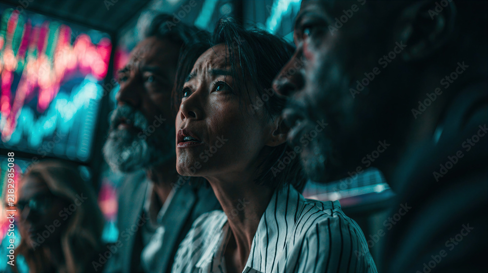 Fototapeta premium Diverse Financial Team Analyzing Market Trends in Modern Office, Focus on East Asian Woman Leading Discussion.