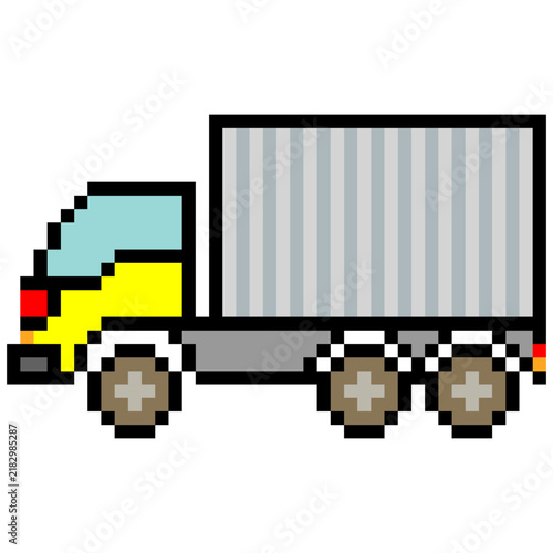 Cargo container truck with pixel art on a white background