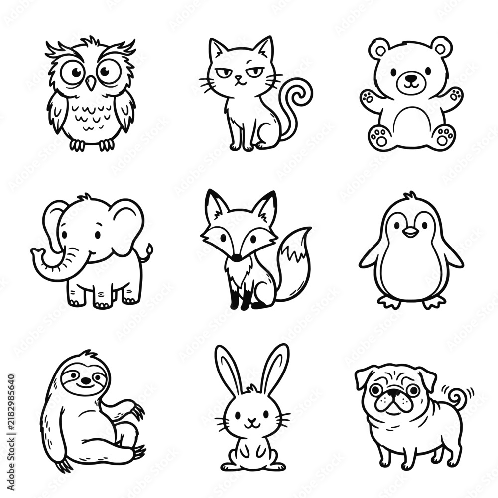 Fototapeta premium Cute black and white animals outline set coloring book graphic design
