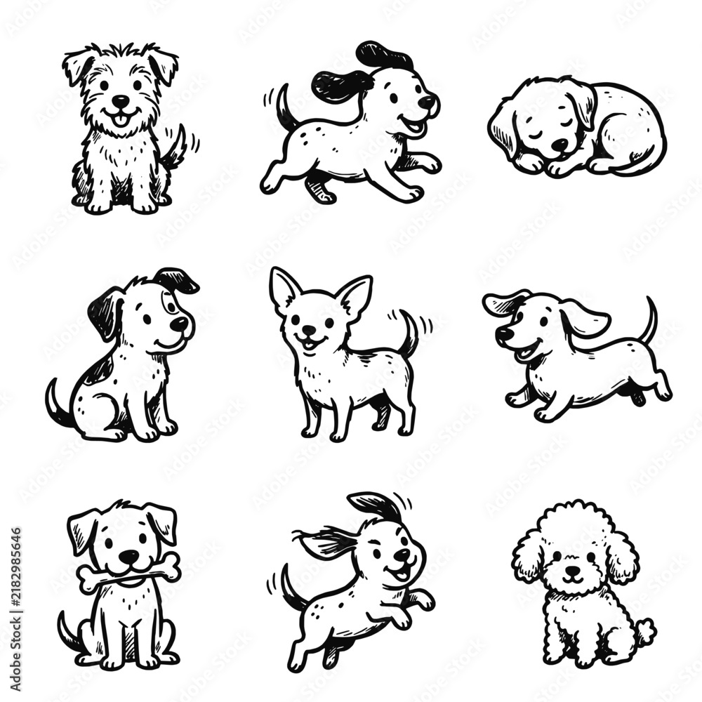 Obraz premium Cute black and white hand drawn dog illustrations set featuring various playful puppy breeds