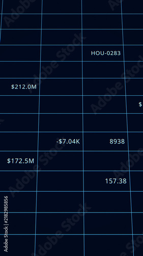 Random financial number database process on screen, computer spreadsheet table calculation, finance company number statement software, technology market statistic report