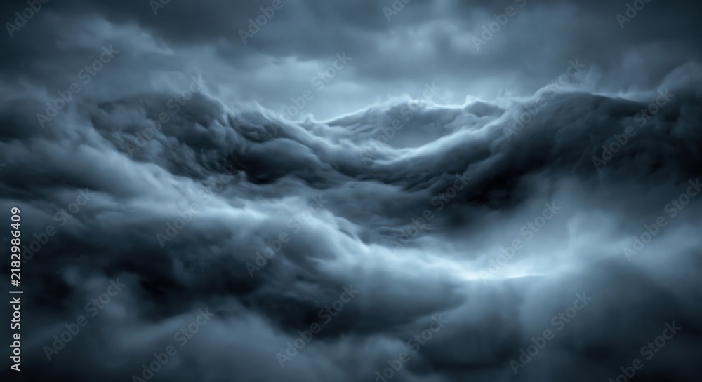 Fototapeta premium Dark stormy clouds filling the sky, dense atmospheric vapor layers with moody blue and grey tones creating a rolling wave-like texture across the horizon