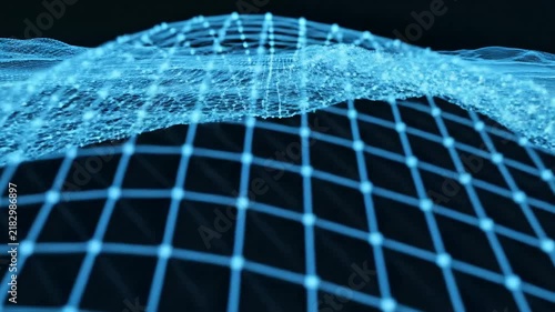 Blue digital wireframe landscape with glowing grid lines on a dark background.