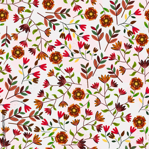 Autumn elements. floral seamless pattern .Leaves yellow, orange and red, green tree foliage fall season, harvest hand drawn elements.