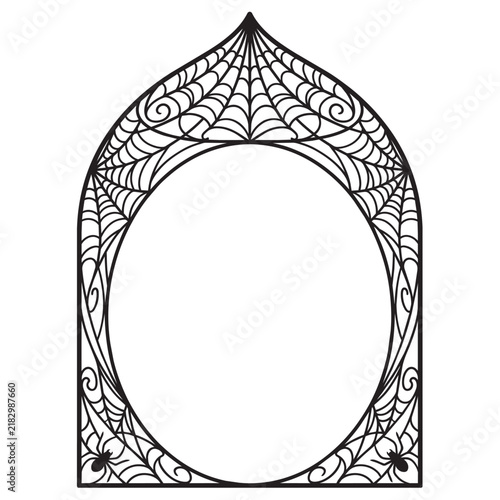 Halloween gothic pointed arch frame with spiderweb pattern spiders and copy space isolated on white background