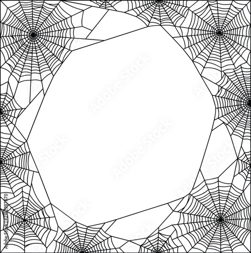 Halloween spiderweb square frame border with cobwebs and geometric copy space isolated on white background