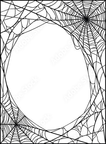 Halloween spiderweb oval frame border with cobwebs and copy space isolated on white background