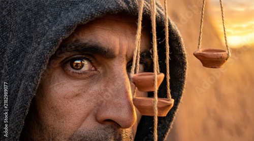 Man in a hooded cloak with traditional clay oil lamps hanging nearby. Mysterious desert dweller with warm sunset reflection in his eye