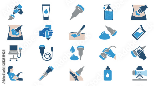Modern medical diagnostic icons for procedures, patient care, examinations, and analysis. Useful for efficient data management and comprehensive chart review