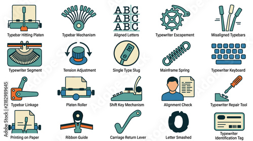 Comprehensive vector set of typewriter parts, mechanisms, tools, and alignment checks