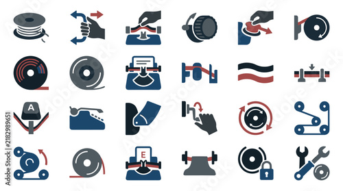 Mechanical process vector icons industrial operations, winding reels, vintage typewriters, precision gears, and maintenance tools for various technology and workflow applications