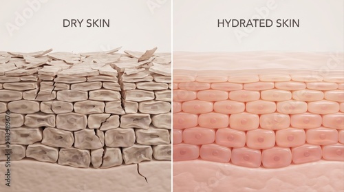 A comparative cross-section illustration showing the structural differences between dry, flaky skin and plump, hydrated skin cells.